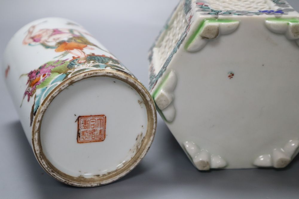 A Chinese enamelled porcelain spill vase, 12cm, and an hexagonal Chinese porcelain vase, 10cm diameter